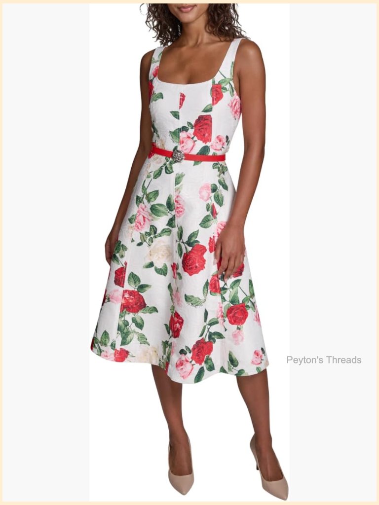 Floral Print Fit & Flare Midi Dress With Belt Rosette
